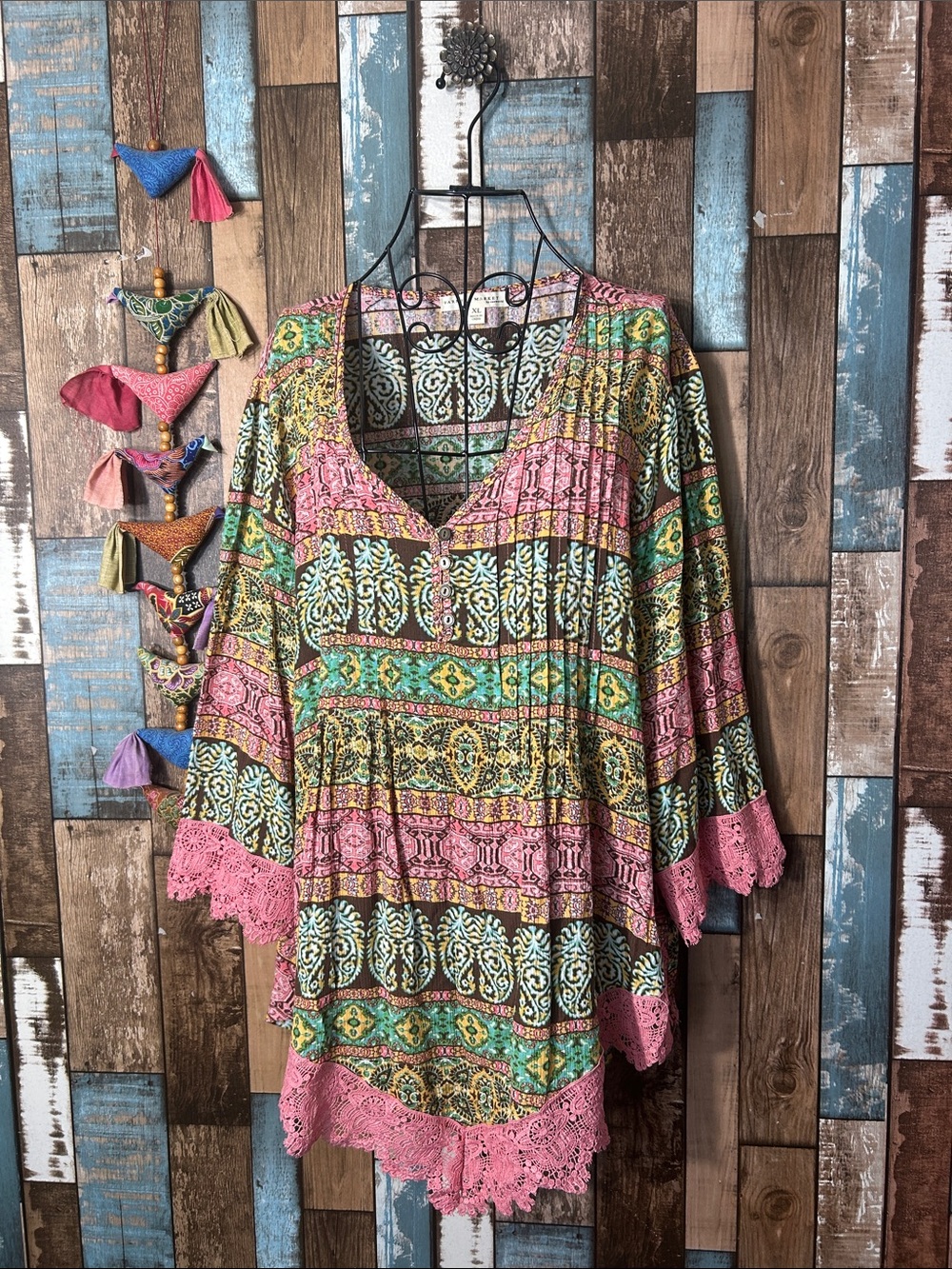 ONE WORLD Pink Multi-Pattern Boho Lace Trim Tunic